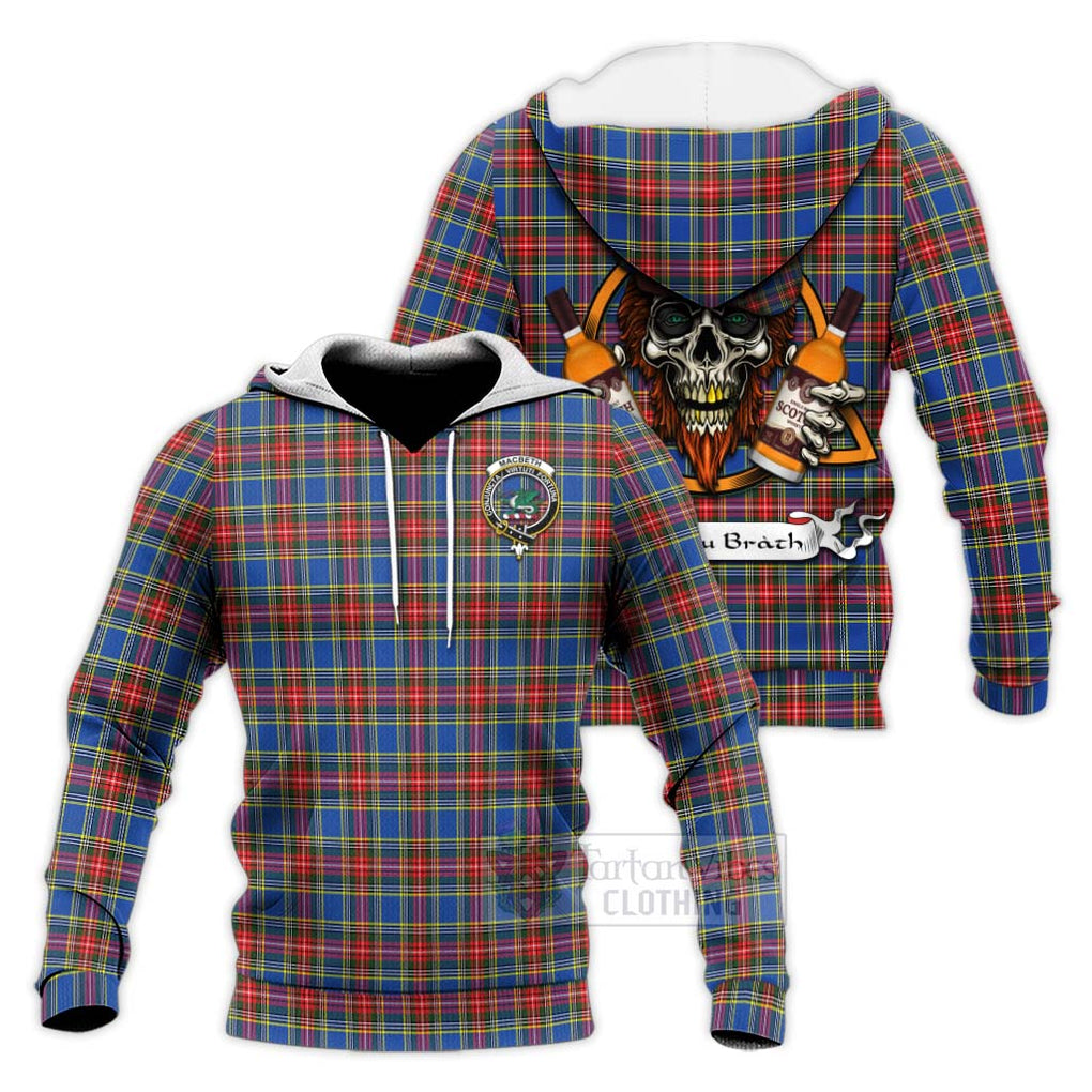 Tartan Vibes Clothing MacBeth (McBeth) Tartan Knitted Hoodie with Family Crest and Bearded Skull Holding Bottles of Whiskey