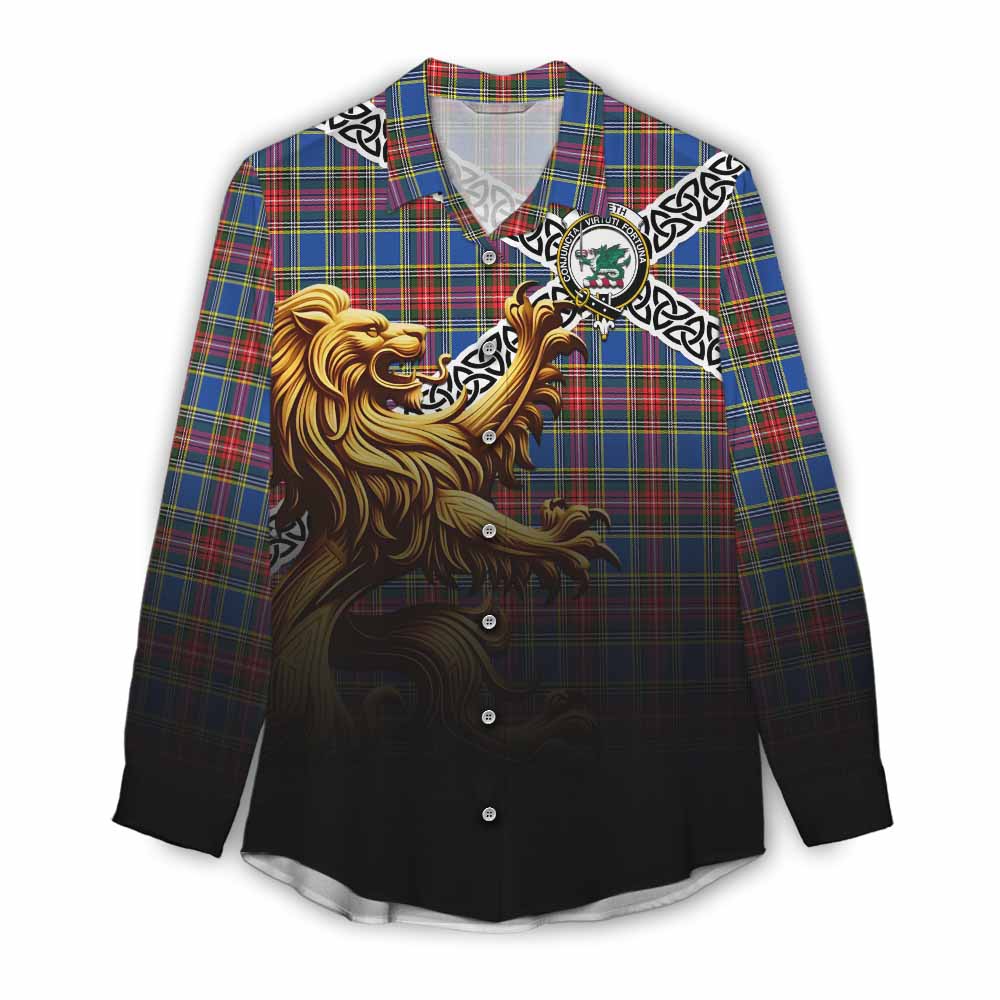 MacBeth (McBeth) Crest Tartan Women's Casual Shirt with Golden Lion Emblem Celtic Style Female - Tartan Vibes Clothing