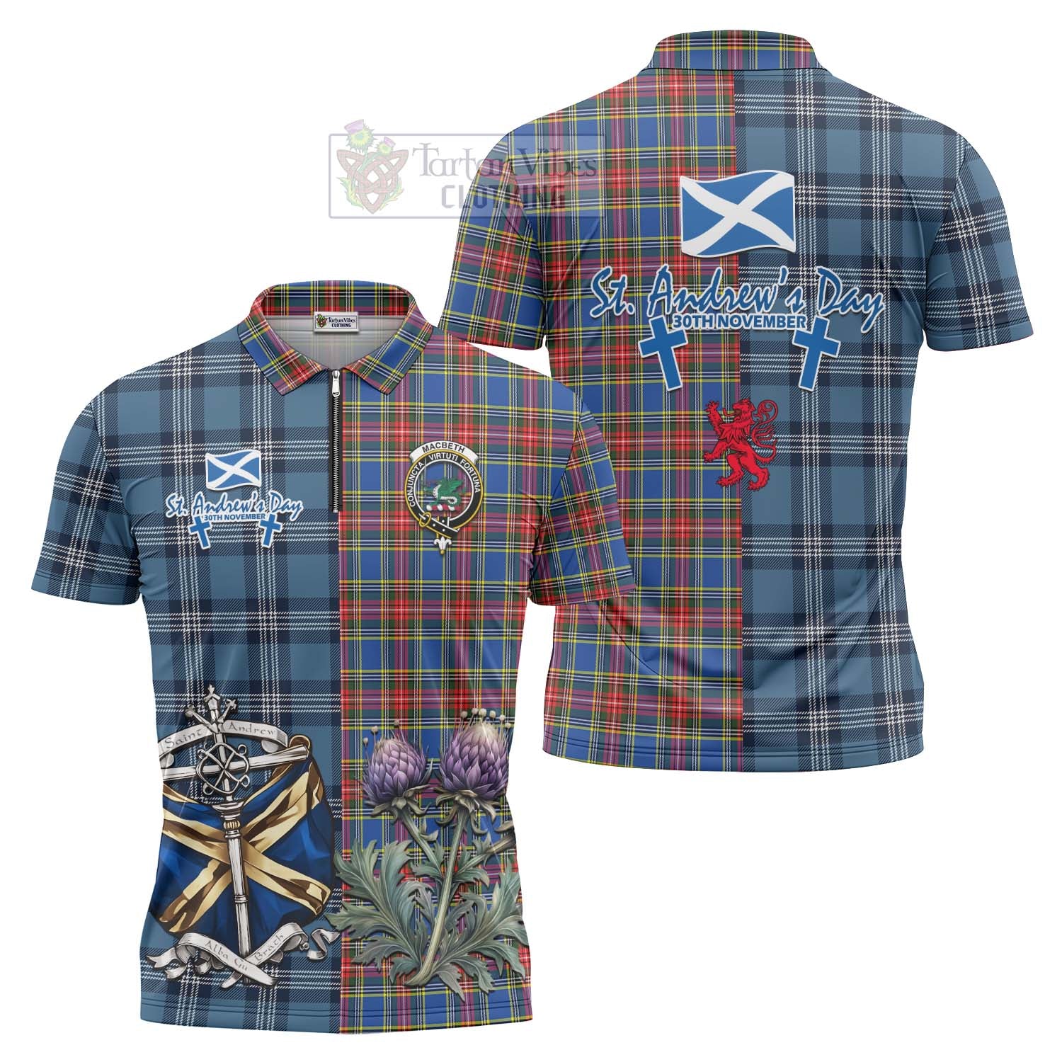 MacBeth (McBeth) Tartan Zipper Polo Shirt Happy St. Andrew's Day Half Tartan Style Unisex - Tartan Vibes Clothing