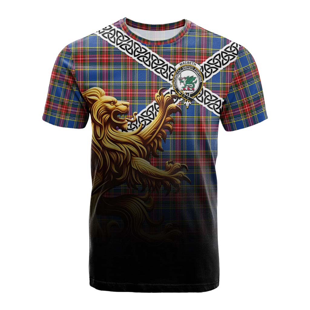 Tartan Vibes Clothing MacBeth (McBeth) Crest Tartan Cotton T-shirt with Golden Lion Emblem Celtic Style