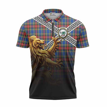 MacBeth (McBeth) Crest Tartan Zipper Polo Shirt with Golden Lion Emblem Celtic Style Unisex - Tartan Vibes Clothing