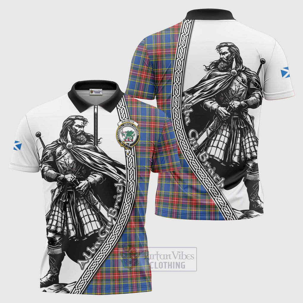MacBeth (McBeth) Tartan Clan Crest Zipper Polo Shirt with Highlander Warrior Celtic Style Unisex - Tartan Vibes Clothing