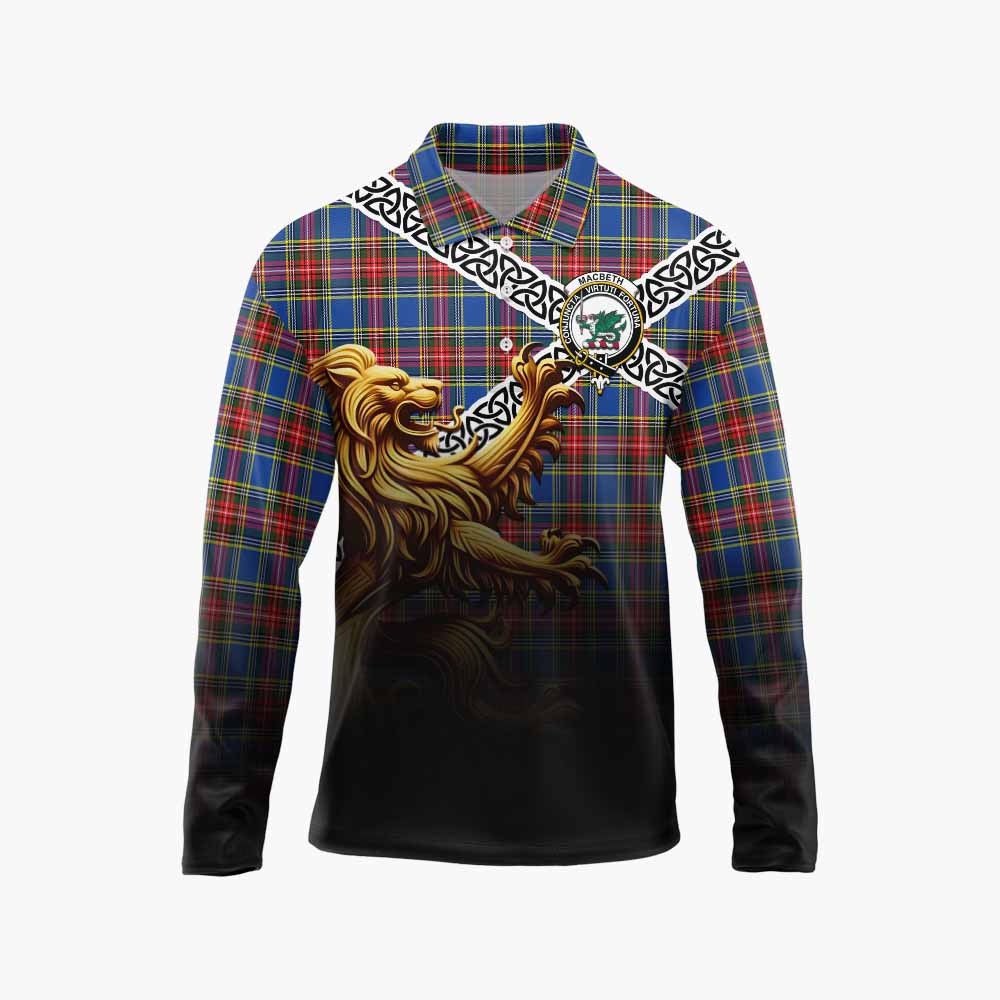 MacBeth (McBeth) Crest Tartan Long Sleeve Polo Shirt with Golden Lion Emblem Celtic Style Unisex - Tartan Vibes Clothing