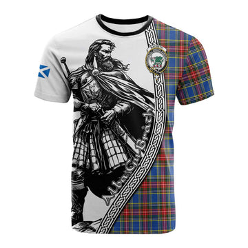 MacBeth (McBeth) Tartan Clan Crest Cotton T-shirt with Highlander Warrior Celtic Style