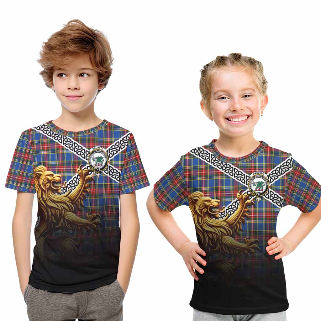 MacBeth (McBeth) Crest Tartan Kid T-Shirt with Golden Lion Emblem Celtic Style Youth XL Size14 - Tartan Vibes Clothing