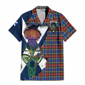 Tartan Vibes Clothing MacBeth (McBeth) Tartan Family Crest Short Sleeve Button Shirt Scottish Thistle Celtic Inspired