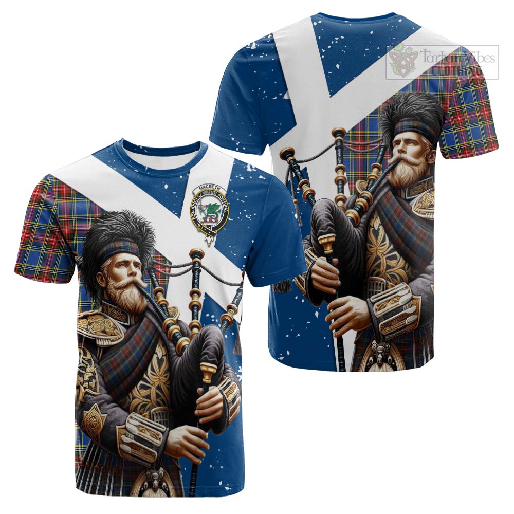Tartan Vibes Clothing MacBeth (McBeth) Tartan Cotton T-shirt with Family Crest Scottish Bagpiper Vibes