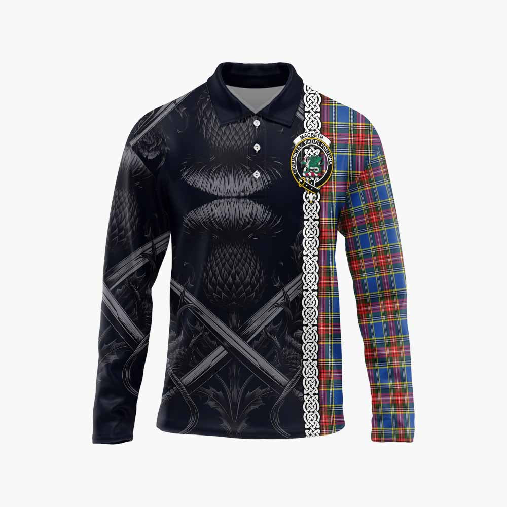Tartan Vibes Clothing MacBeth (McBeth) Tartan Long Sleeve Polo Shirt with Family Crest Cross Sword Thistle Celtic Vibes