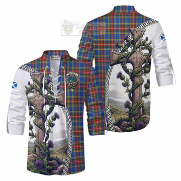 MacBeth (McBeth) Tartan Ghillie Kilt Shirt with Family Crest and St. Andrew's Cross Accented by Thistle Vines Men - Tartan Vibes Clothing