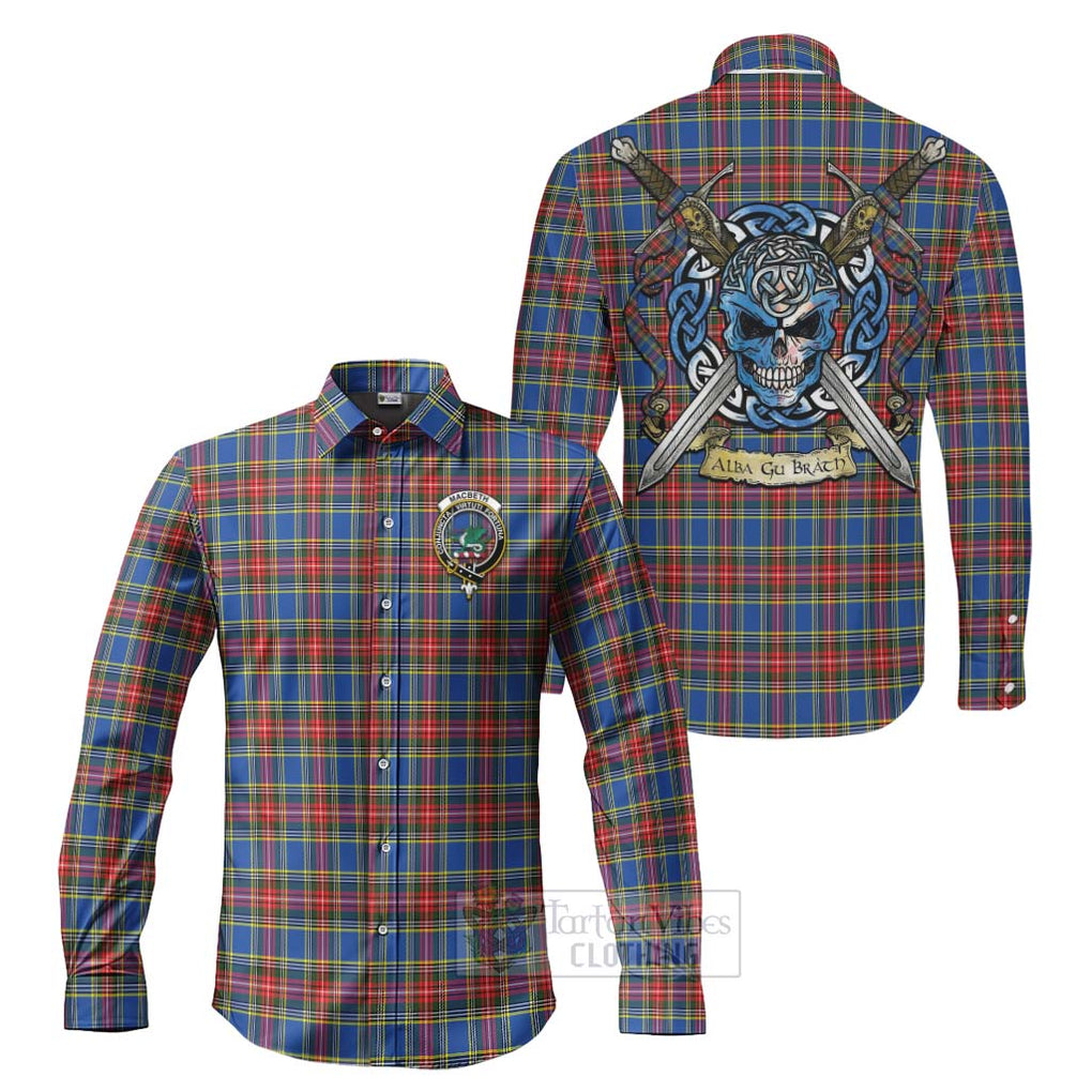 MacBeth (McBeth) Tartan Long Sleeve Button Shirt with Family Crest Celtic Skull Style Men's Shirt S - Tartan Vibes Clothing