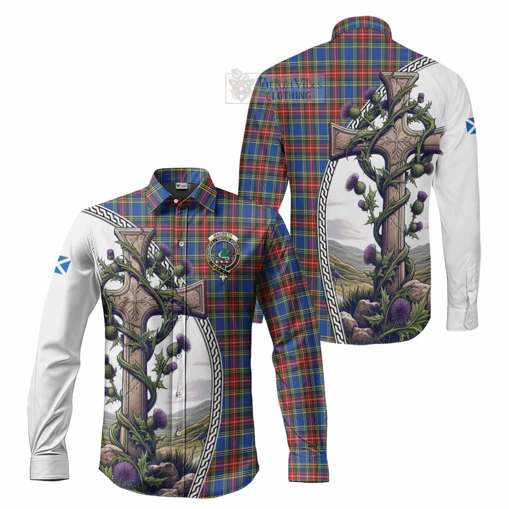 MacBeth (McBeth) Tartan Long Sleeve Button Shirt with Family Crest and St. Andrew's Cross Accented by Thistle Vines Men's Shirt S - Tartan Vibes Clothing