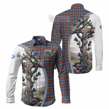 MacBeth (McBeth) Tartan Long Sleeve Button Shirt with Family Crest and St. Andrew's Cross Accented by Thistle Vines Men's Shirt S - Tartan Vibes Clothing