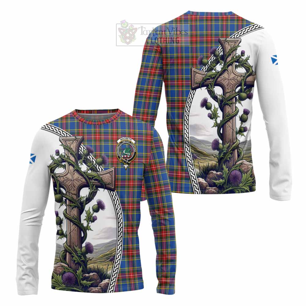 MacBeth (McBeth) Tartan Long Sleeve T-Shirt with Family Crest and St. Andrew's Cross Accented by Thistle Vines Unisex - Tartan Vibes Clothing
