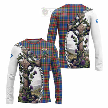 MacBeth (McBeth) Tartan Long Sleeve T-Shirt with Family Crest and St. Andrew's Cross Accented by Thistle Vines Unisex - Tartan Vibes Clothing