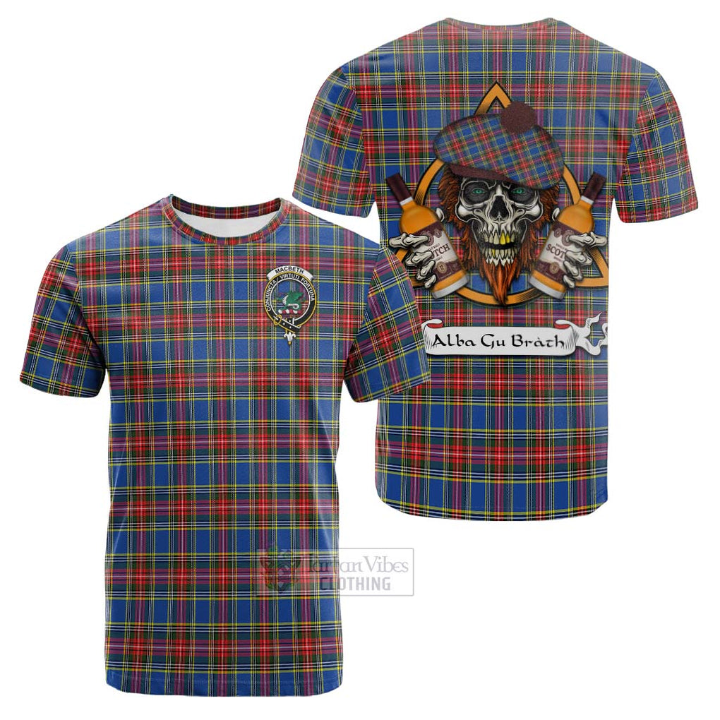 Tartan Vibes Clothing MacBeth (McBeth) Tartan Cotton T-shirt with Family Crest and Bearded Skull Holding Bottles of Whiskey
