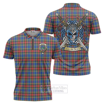 Tartan Vibes Clothing MacBeth (McBeth) Tartan Zipper Polo Shirt with Family Crest Celtic Skull Style