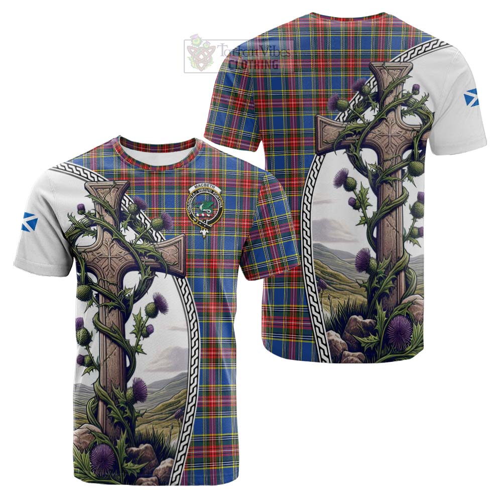 Tartan Vibes Clothing MacBeth (McBeth) Tartan Cotton T-shirt with Family Crest and St. Andrew's Cross Accented by Thistle Vines