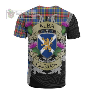 MacBeth (McBeth) Tartan Family Crest Cotton T-shirt Lion Rampant Royal Thistle Shield Celtic Inspired