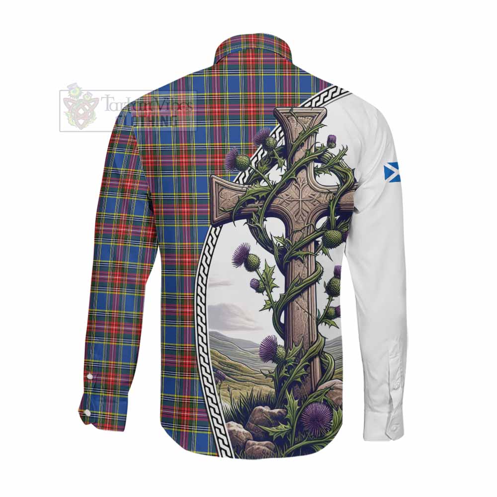 MacBeth (McBeth) Tartan Long Sleeve Button Shirt with Family Crest and St. Andrew's Cross Accented by Thistle Vines Men's Shirt - Tartan Vibes Clothing