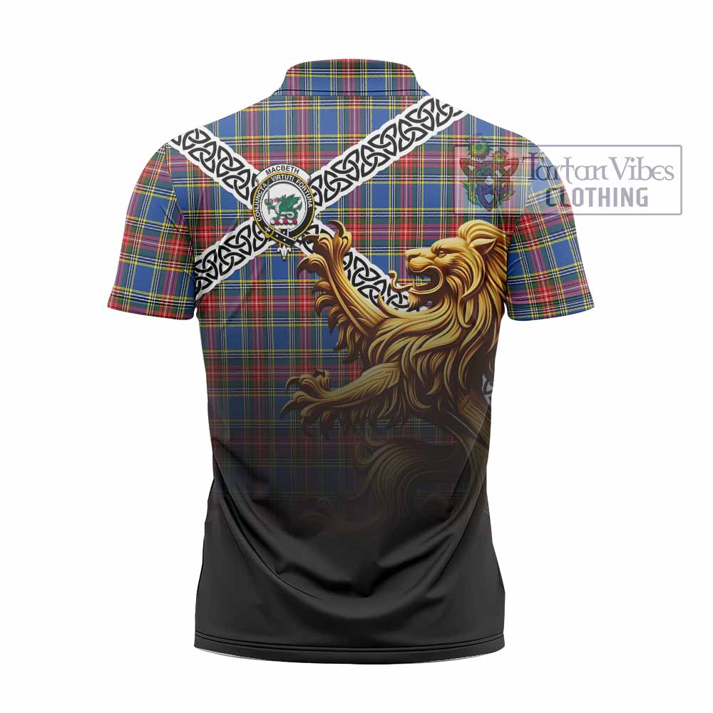 MacBeth (McBeth) Crest Tartan Zipper Polo Shirt with Golden Lion Emblem Celtic Style - Tartan Vibes Clothing