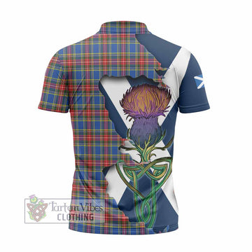 Tartan Vibes Clothing MacBeth (McBeth) Tartan Family Crest Zipper Polo Shirt Scottish Thistle Celtic Inspired