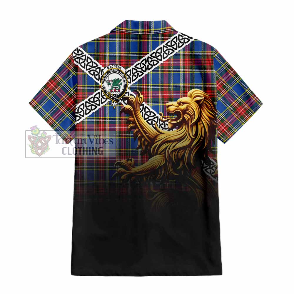 Tartan Vibes Clothing MacBeth (McBeth) Crest Tartan Short Sleeve Button Shirt with Golden Lion Emblem Celtic Style