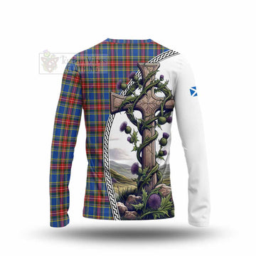 MacBeth (McBeth) Tartan Long Sleeve T-Shirt with Family Crest and St. Andrew's Cross Accented by Thistle Vines - Tartan Vibes Clothing