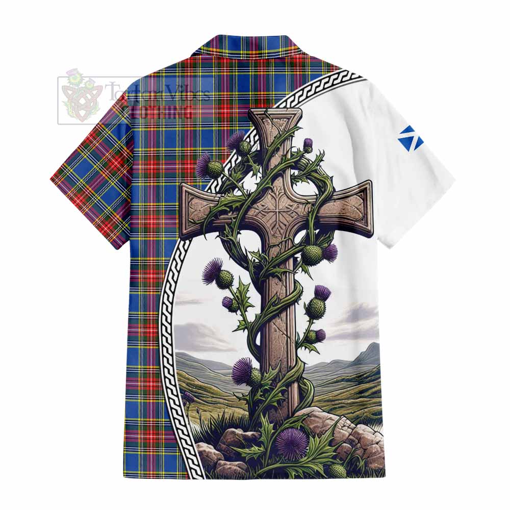 MacBeth (McBeth) Tartan Hawaiian Shirt with Family Crest and St. Andrew's Cross Accented by Thistle Vines - Tartan Vibes Clothing