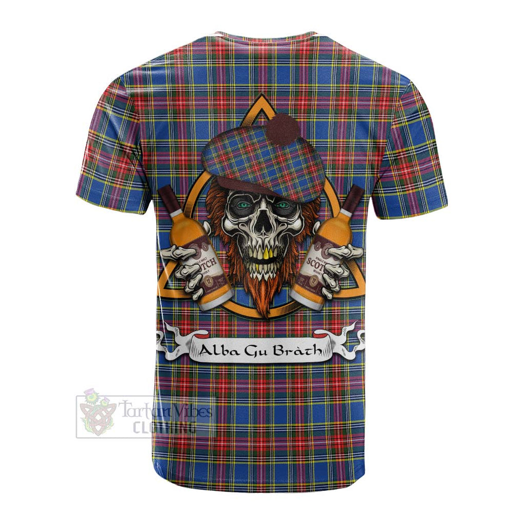 Tartan Vibes Clothing MacBeth (McBeth) Tartan Cotton T-shirt with Family Crest and Bearded Skull Holding Bottles of Whiskey
