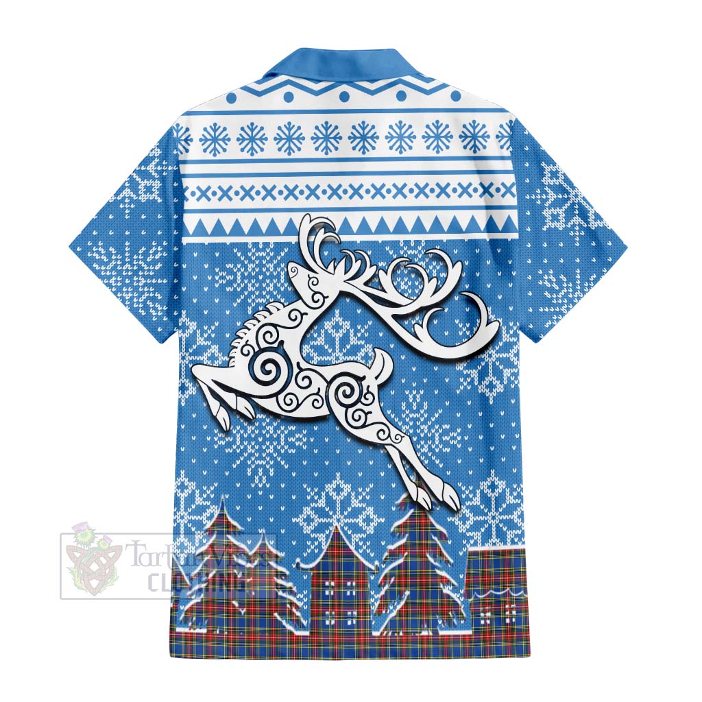 Tartan Vibes Clothing MacBeth (McBeth) Clan Christmas Short Sleeve Button Shirt Celtic Reindeer Style