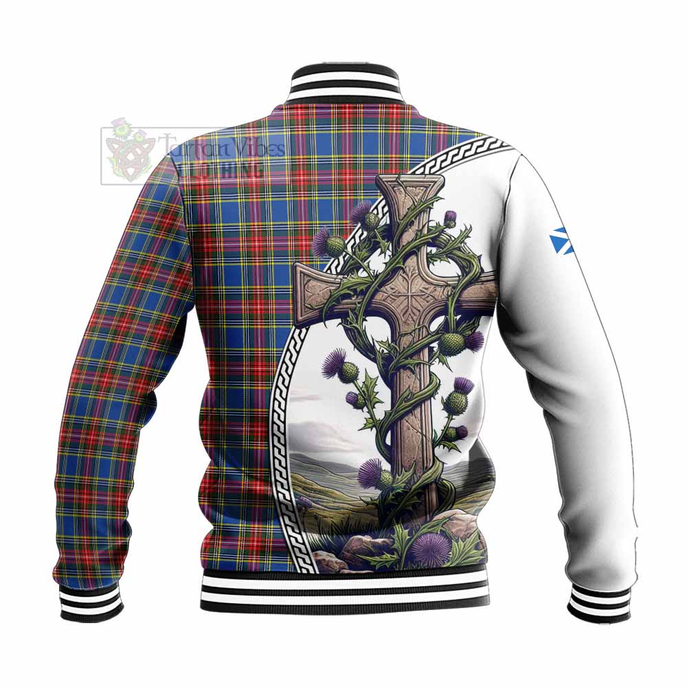 MacBeth (McBeth) Tartan Baseball Jacket with Family Crest and St. Andrew's Cross Accented by Thistle Vines - Tartan Vibes Clothing