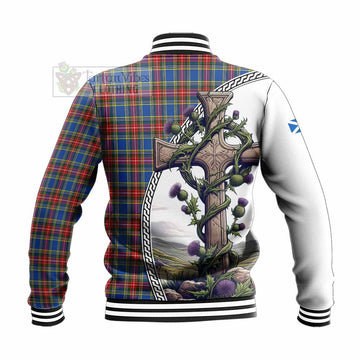 MacBeth (McBeth) Tartan Baseball Jacket with Family Crest and St. Andrew's Cross Accented by Thistle Vines - Tartan Vibes Clothing