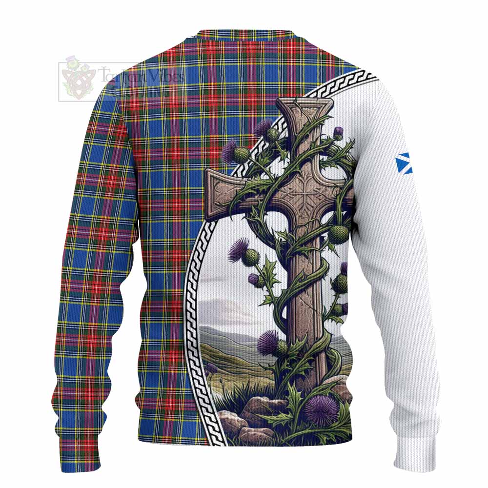 MacBeth (McBeth) Tartan Knitted Sweater with Family Crest and St. Andrew's Cross Accented by Thistle Vines - Tartan Vibes Clothing