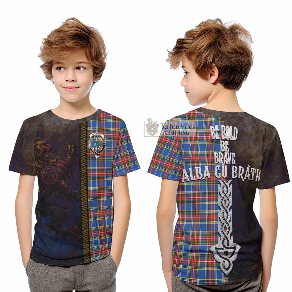 Tartan Vibes Clothing MacBeth (McBeth) Tartan Family Crest Kid T-Shirt Alba Gu Brath Be Brave Lion Ancient Style