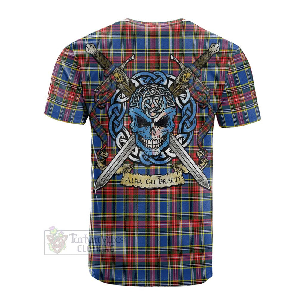 Tartan Vibes Clothing MacBeth (McBeth) Tartan Cotton T-shirt with Family Crest Celtic Skull Style