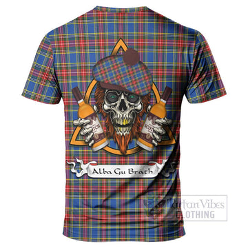 MacBeth (McBeth) Tartan T-Shirt with Family Crest and Bearded Skull Holding Bottles of Whiskey - Tartan Vibes Clothing