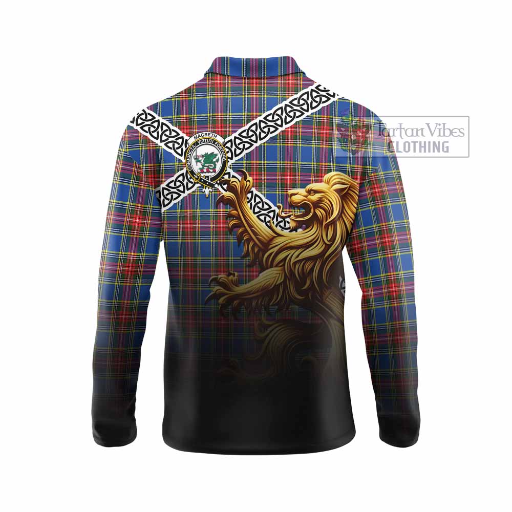 MacBeth (McBeth) Crest Tartan Long Sleeve Polo Shirt with Golden Lion Emblem Celtic Style - Tartan Vibes Clothing