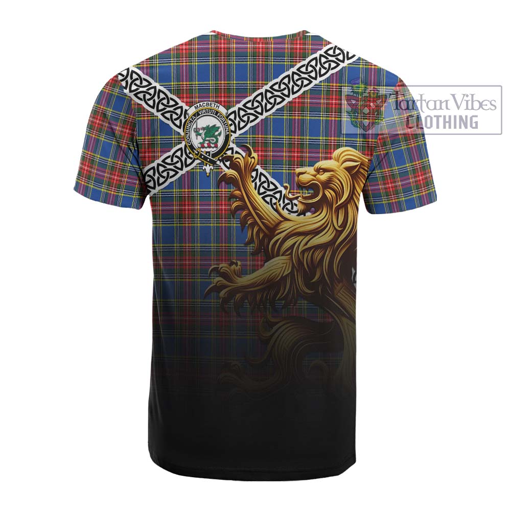 Tartan Vibes Clothing MacBeth (McBeth) Crest Tartan Cotton T-shirt with Golden Lion Emblem Celtic Style
