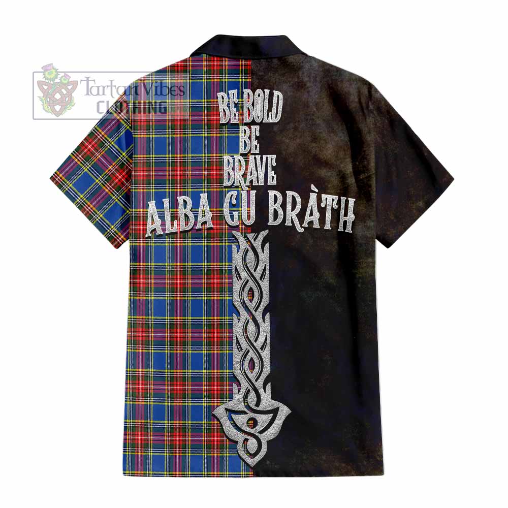 Tartan Vibes Clothing MacBeth (McBeth) Tartan Family Crest Short Sleeve Button Shirt Alba Gu Brath Be Brave Lion Ancient Style
