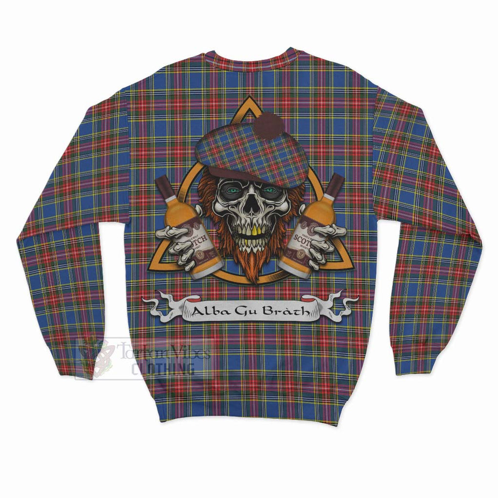MacBeth (McBeth) Tartan Sweatshirt with Family Crest and Bearded Skull Holding Bottles of Whiskey - Tartan Vibes Clothing