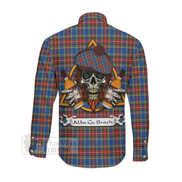 MacBeth (McBeth) Tartan Long Sleeve Button Shirt with Family Crest and Bearded Skull Holding Bottles of Whiskey Men's Shirt - Tartan Vibes Clothing