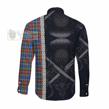 Tartan Vibes Clothing MacBeth (McBeth) Tartan Long Sleeve Button Shirt with Family Crest Cross Sword Thistle Celtic Vibes