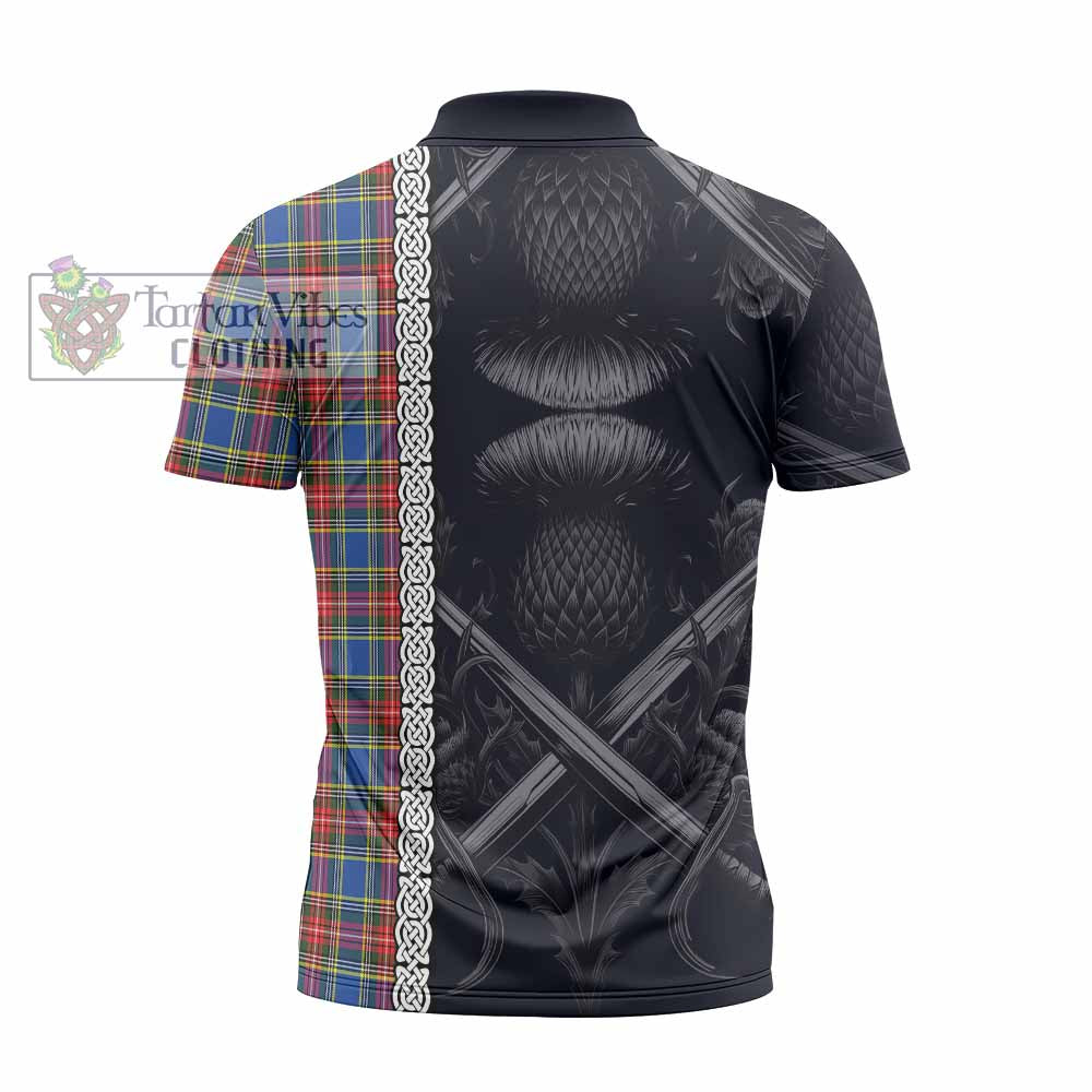 MacBeth (McBeth) Tartan Zipper Polo Shirt with Family Crest Cross Sword Thistle Celtic Vibes - Tartan Vibes Clothing
