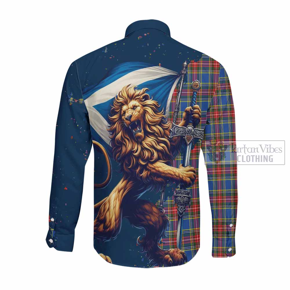 Tartan Vibes Clothing MacBeth (McBeth) Tartan Family Crest Long Sleeve Button Shirt with Scottish Majestic Lion