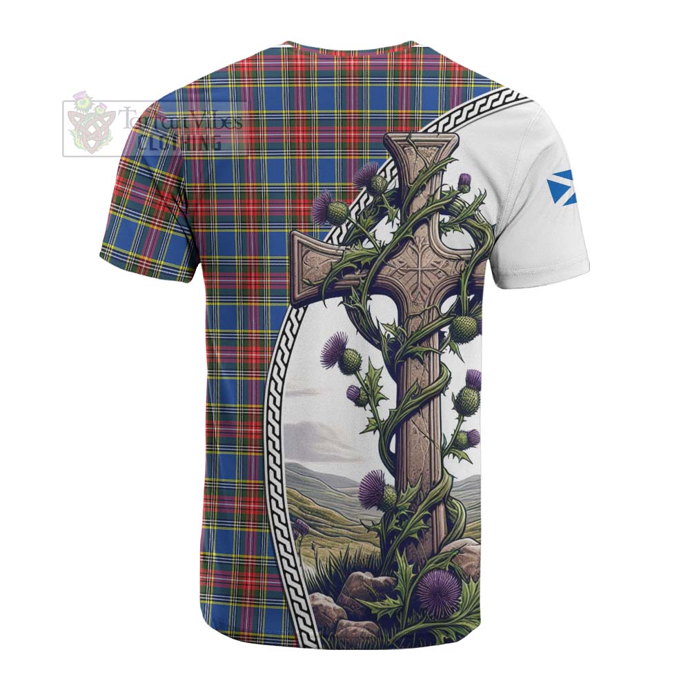 Tartan Vibes Clothing MacBeth (McBeth) Tartan Cotton T-shirt with Family Crest and St. Andrew's Cross Accented by Thistle Vines