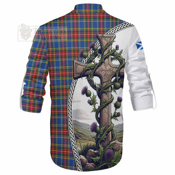 MacBeth (McBeth) Tartan Ghillie Kilt Shirt with Family Crest and St. Andrew's Cross Accented by Thistle Vines - Tartan Vibes Clothing