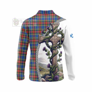 MacBeth (McBeth) Tartan Long Sleeve Polo Shirt with Family Crest and St. Andrew's Cross Accented by Thistle Vines - Tartan Vibes Clothing