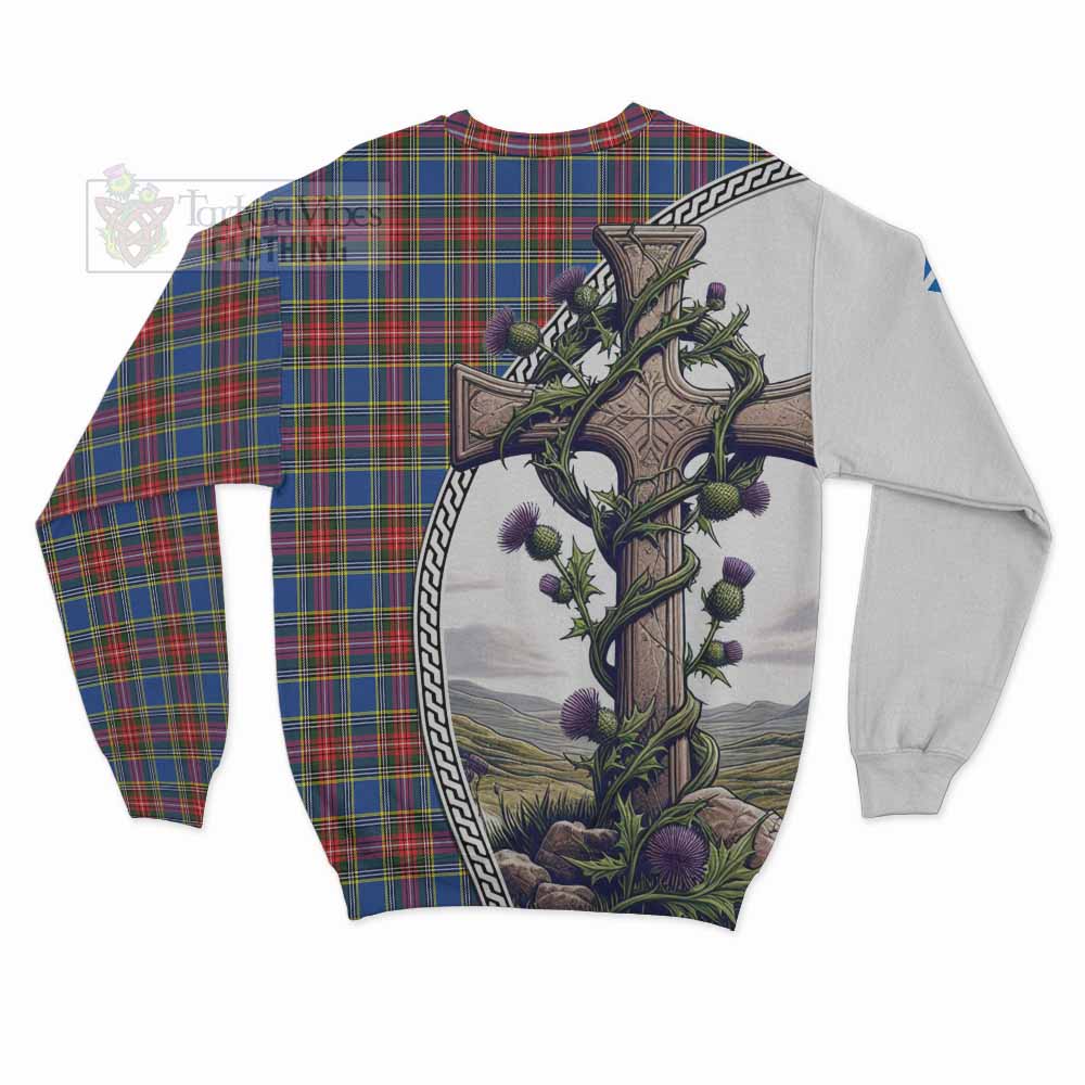 MacBeth (McBeth) Tartan Sweatshirt with Family Crest and St. Andrew's Cross Accented by Thistle Vines - Tartan Vibes Clothing