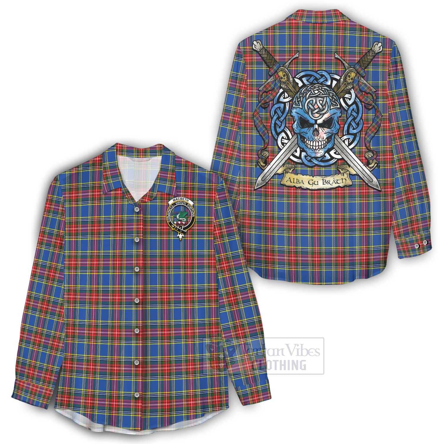 MacBeth (McBeth) Tartan Women's Casual Shirt with Family Crest Celtic Skull Style - Tartan Vibes Clothing