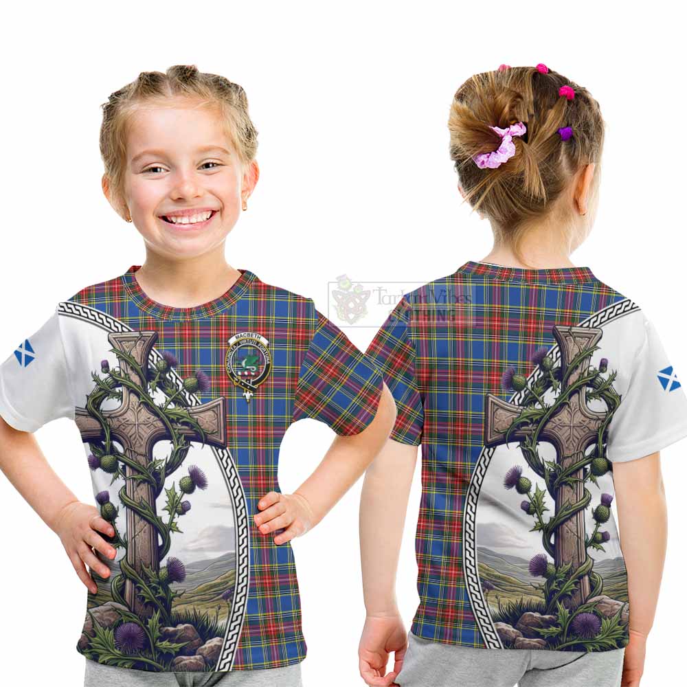 MacBeth (McBeth) Tartan Kid T-Shirt with Family Crest and St. Andrew's Cross Accented by Thistle Vines - Tartan Vibes Clothing
